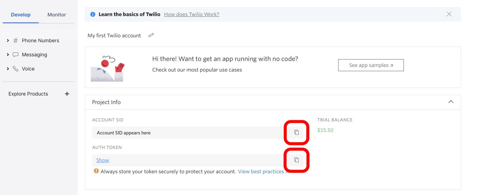 Twilio console - SID and auth token copy buttons highlighted